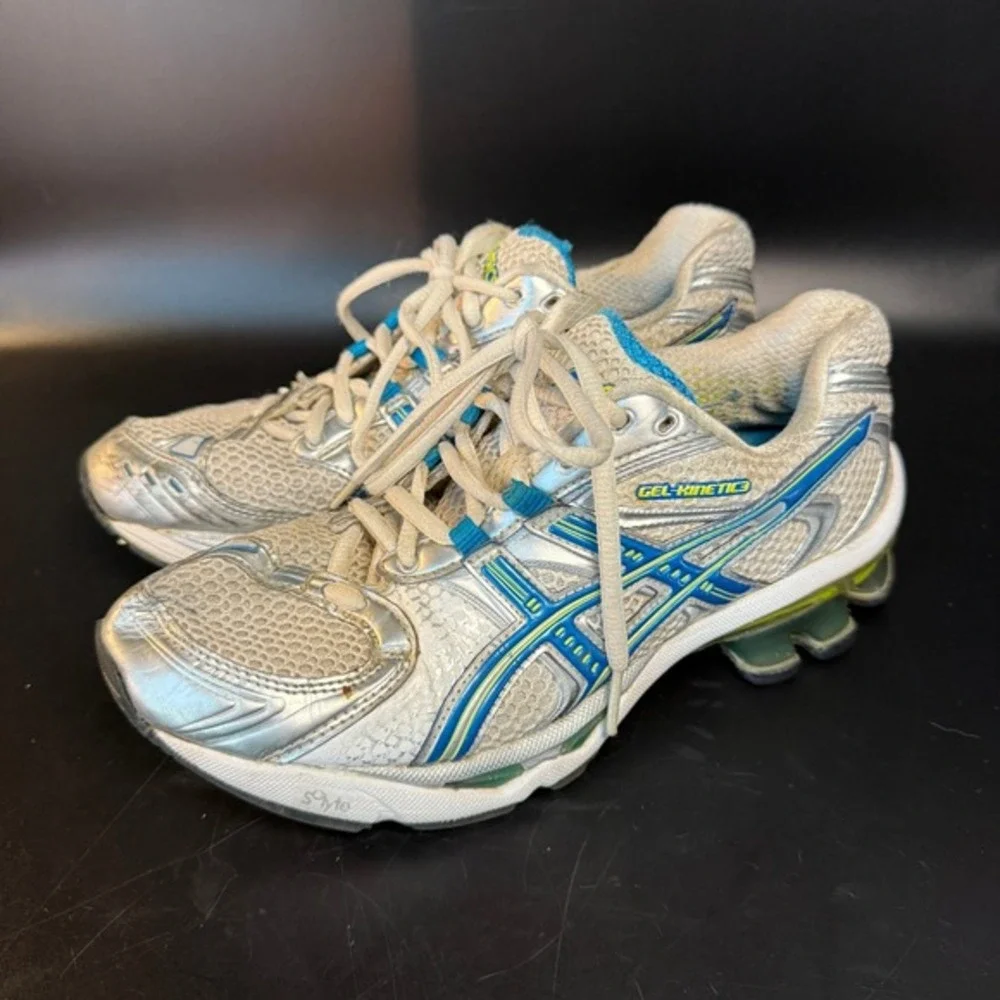 Asics Gel-Kinetic 3 T087N Silver Blue Synthetic‎ Mesh Running Shoes Womens US 7